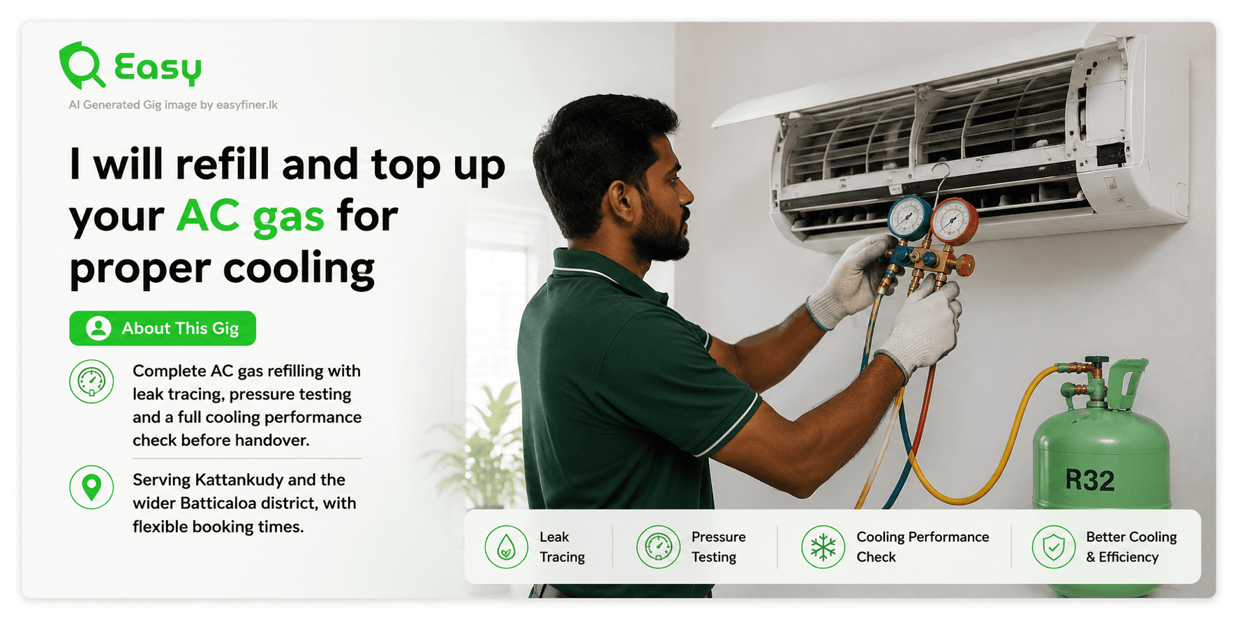 I will refill and top up your AC gas for proper cooling